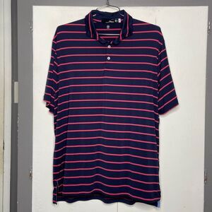 RLX Ralph Lauren Short Sleeve Polo Shirt Mens XL Navy Pink Stripes Wicking